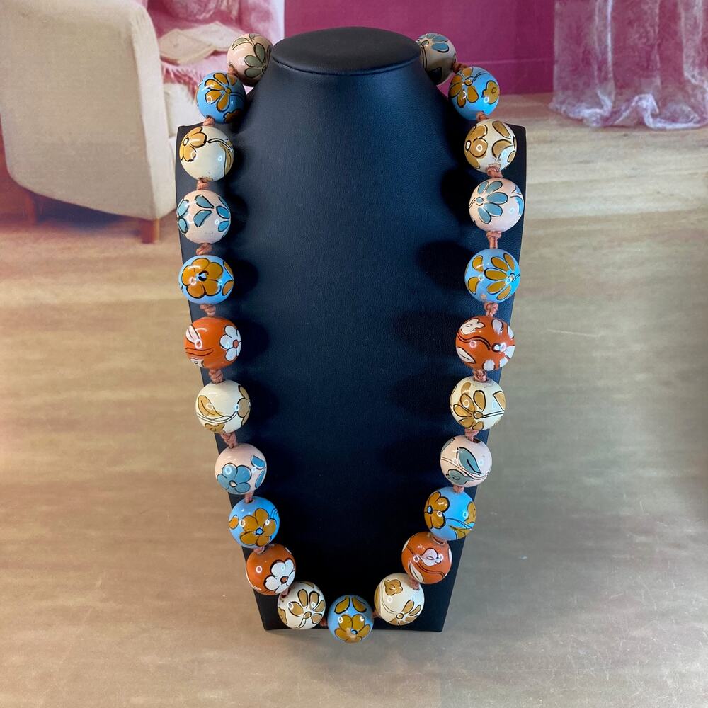 Artisan-Made Whimsical Wooden Hand-Painted Floral Beaded Chunky Necklace